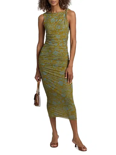 Veronica Beard Women's Otessa Printed Ruched Maxi Dress - Dark Goldenrod Blue Jay | Thumbnail 3 Veronica Beard Women's Otessa Printed Ruched Maxi Dress - Dark Goldenrod Blue Jay | Thumbnail 3