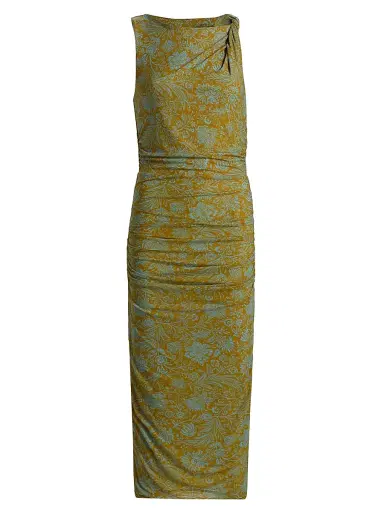 Veronica Beard Women's Otessa Printed Ruched Maxi Dress - Dark Goldenrod Blue Jay | Thumbnail 1 Veronica Beard Women's Otessa Printed Ruched Maxi Dress - Dark Goldenrod Blue Jay | Thumbnail 1