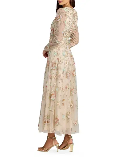 Mac Duggal Women's Floral Beaded Mesh Midi-Dress - Beige Multi - Size 16 | Thumbnail 2 Mac Duggal Women's Floral Beaded Mesh Midi-Dress - Beige Multi - Size 16 | Thumbnail 2