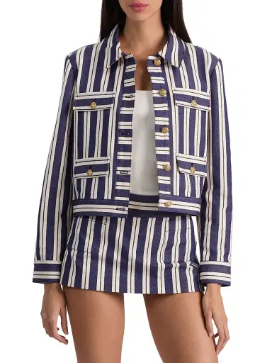 ALICE + OLIVIA Women's Alex Striped Boxy Jacket - Metro Stripe Twilight Blue | Thumbnail 2 ALICE + OLIVIA Women's Alex Striped Boxy Jacket - Metro Stripe Twilight Blue | Thumbnail 2