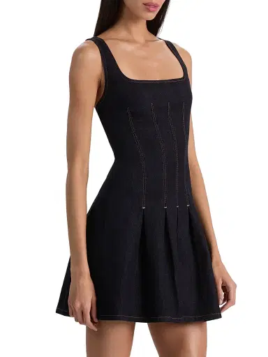 ALICE + OLIVIA Women's Hollis Square Neck Denim A-Line Minidress - Dark Rinse | Thumbnail 4 ALICE + OLIVIA Women's Hollis Square Neck Denim A-Line Minidress - Dark Rinse | Thumbnail 4