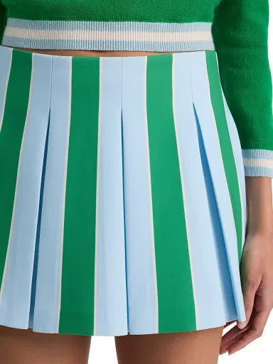 ALICE + OLIVIA Women's Emilie Striped Box-Pleated Miniskirt - Heirloom Stripe Carolina Blue | Thumbnail 6 ALICE + OLIVIA Women's Emilie Striped Box-Pleated Miniskirt - Heirloom Stripe Carolina Blue | Thumbnail 6