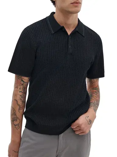 rag & bone Men's Harvey Rib-Knit Cotton-Blend Polo Shirt - Black | Thumbnail 3 rag & bone Men's Harvey Rib-Knit Cotton-Blend Polo Shirt - Black | Thumbnail 3