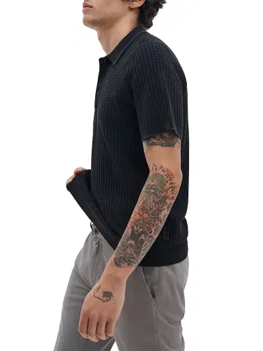 rag & bone Men's Harvey Rib-Knit Cotton-Blend Polo Shirt - Black | Thumbnail 4 rag & bone Men's Harvey Rib-Knit Cotton-Blend Polo Shirt - Black | Thumbnail 4