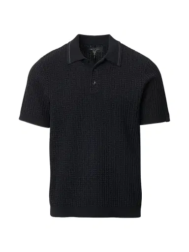 rag & bone Men's Harvey Rib-Knit Cotton-Blend Polo Shirt - Black | Thumbnail 1 rag & bone Men's Harvey Rib-Knit Cotton-Blend Polo Shirt - Black | Thumbnail 1