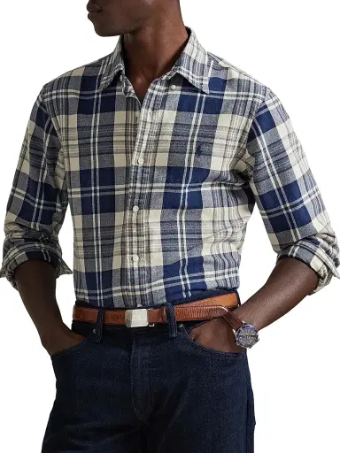 Polo Ralph Lauren Men's Plaid Brushed Cotton Oxford Shirt - Off White Navy Multi - Size Small | Thumbnail 3 Polo Ralph Lauren Men's Plaid Brushed Cotton Oxford Shirt - Off White Navy Multi - Size Small | Thumbnail 3