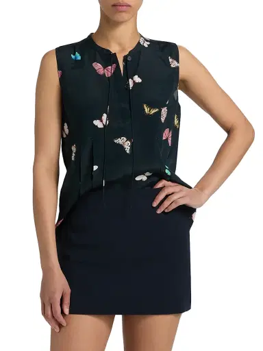 rag & bone Women's Arden Butterfly-Printed Pleated Sleeveless Blouse - Black Butterfly Multi - Size XL | Thumbnail 3 rag & bone Women's Arden Butterfly-Printed Pleated Sleeveless Blouse - Black Butterfly Multi - Size XL | Thumbnail 3