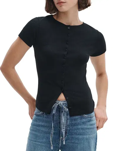rag & bone Women's The Knit Button-Front T-Shirt - Black | Thumbnail 3 rag & bone Women's The Knit Button-Front T-Shirt - Black | Thumbnail 3