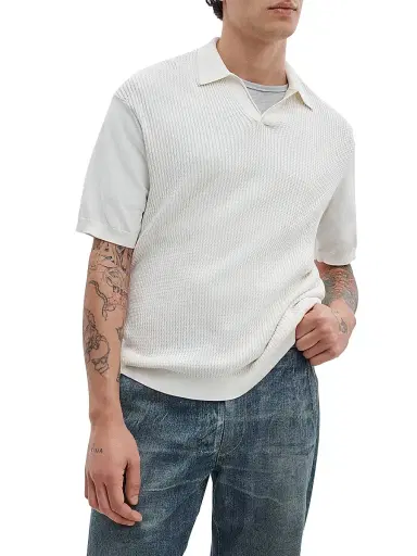 rag & bone Men's Saxon Silk-Cotton Johnny Polo Shirt - Chalk | Thumbnail 3 rag & bone Men's Saxon Silk-Cotton Johnny Polo Shirt - Chalk | Thumbnail 3