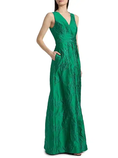 Kay Unger Women's Mariah Textured Floral Jacquard A-Line Gown - Fern Green | Thumbnail 4 Kay Unger Women's Mariah Textured Floral Jacquard A-Line Gown - Fern Green | Thumbnail 4