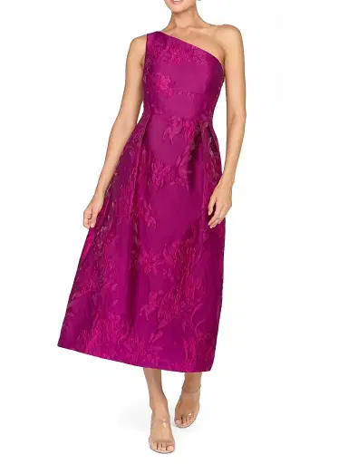 Kay Unger Women's Dorrit Floral Jacquard One-Shoulder Tea-Length Dress - Vivid Berry | Thumbnail 2 Kay Unger Women's Dorrit Floral Jacquard One-Shoulder Tea-Length Dress - Vivid Berry | Thumbnail 2
