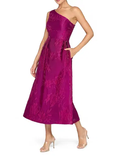 Kay Unger Women's Dorrit Floral Jacquard One-Shoulder Tea-Length Dress - Vivid Berry | Thumbnail 3 Kay Unger Women's Dorrit Floral Jacquard One-Shoulder Tea-Length Dress - Vivid Berry | Thumbnail 3