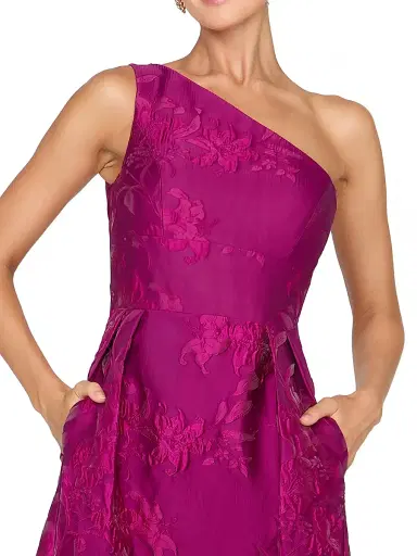 Kay Unger Women's Dorrit Floral Jacquard One-Shoulder Tea-Length Dress - Vivid Berry | Thumbnail 5 Kay Unger Women's Dorrit Floral Jacquard One-Shoulder Tea-Length Dress - Vivid Berry | Thumbnail 5