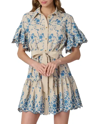 Shoshanna Women's Lima Floral Cotton-Blend Minidress - Flax Powder Blue | Thumbnail 2 Shoshanna Women's Lima Floral Cotton-Blend Minidress - Flax Powder Blue | Thumbnail 2