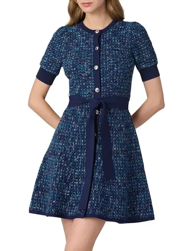 Shoshanna Women's Harriet Tweed Belted Minidress - Blue Melange | Thumbnail 2 Shoshanna Women's Harriet Tweed Belted Minidress - Blue Melange | Thumbnail 2