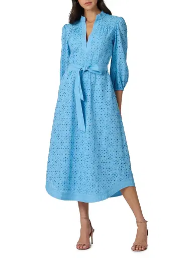Shoshanna Women's Adele Embroidered Cotton-Linen Midi-Dress - Cyan | Thumbnail 2 Shoshanna Women's Adele Embroidered Cotton-Linen Midi-Dress - Cyan | Thumbnail 2