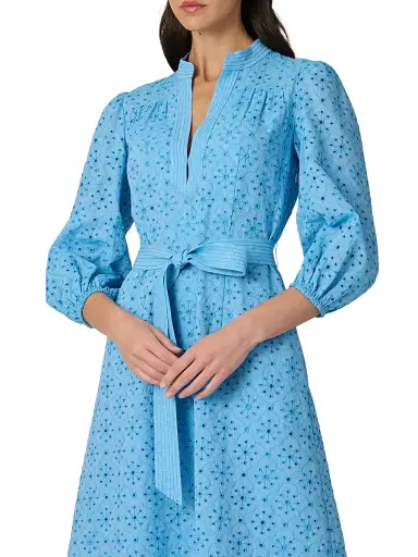 Shoshanna Women's Adele Embroidered Cotton-Linen Midi-Dress - Cyan | Thumbnail 4 Shoshanna Women's Adele Embroidered Cotton-Linen Midi-Dress - Cyan | Thumbnail 4