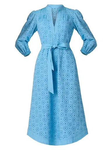 Shoshanna Women's Adele Embroidered Cotton-Linen Midi-Dress - Cyan | Thumbnail 1 Shoshanna Women's Adele Embroidered Cotton-Linen Midi-Dress - Cyan | Thumbnail 1