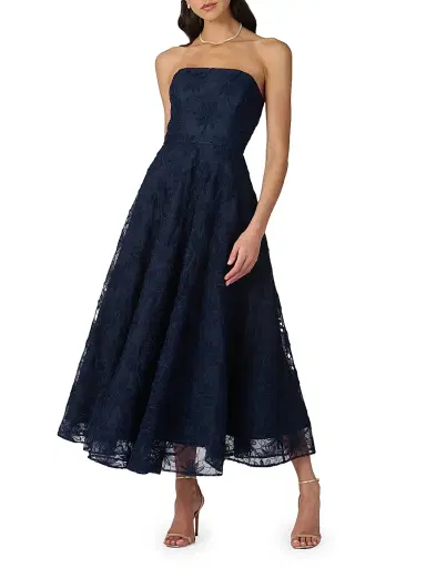 Shoshanna Women's McCall Floral Embroidered Strapless Tea-Length Dress - Navy | Thumbnail 2 Shoshanna Women's McCall Floral Embroidered Strapless Tea-Length Dress - Navy | Thumbnail 2