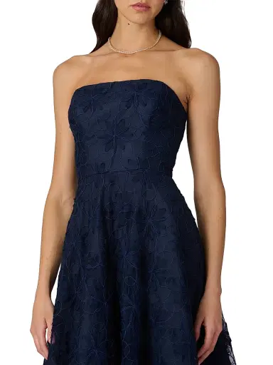 Shoshanna Women's McCall Floral Embroidered Strapless Tea-Length Dress - Navy | Thumbnail 4 Shoshanna Women's McCall Floral Embroidered Strapless Tea-Length Dress - Navy | Thumbnail 4