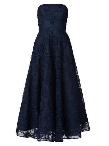 Shoshanna Women's McCall Floral Embroidered Strapless Tea-Length Dress - Navy | Thumbnail 1 Shoshanna Women's McCall Floral Embroidered Strapless Tea-Length Dress - Navy | Thumbnail 1
