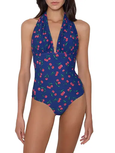 Shoshanna Women's Cherry Print Halterneck One-Piece Swimsuit - Navy Red Green | Thumbnail 2 Shoshanna Women's Cherry Print Halterneck One-Piece Swimsuit - Navy Red Green | Thumbnail 2