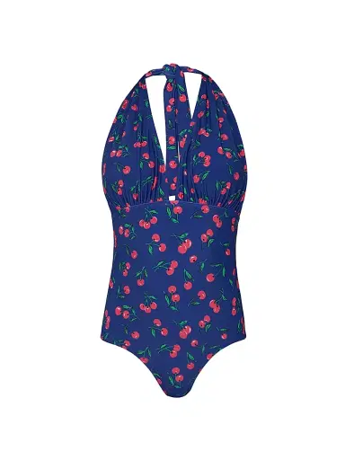 Shoshanna Women's Cherry Print Halterneck One-Piece Swimsuit - Navy Red Green | Thumbnail 1 Shoshanna Women's Cherry Print Halterneck One-Piece Swimsuit - Navy Red Green | Thumbnail 1