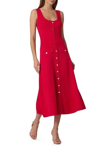 Shoshanna Women's Martha Button-Front Midi-Dress - Cherry | Thumbnail 2 Shoshanna Women's Martha Button-Front Midi-Dress - Cherry | Thumbnail 2