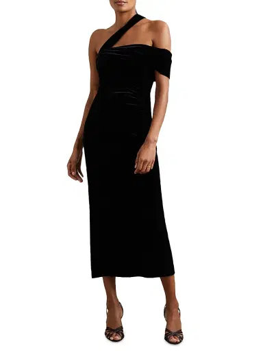 Reiss Women's Dalia Velvet Asymmetric Midi-Dress - Black | Thumbnail 2 Reiss Women's Dalia Velvet Asymmetric Midi-Dress - Black | Thumbnail 2