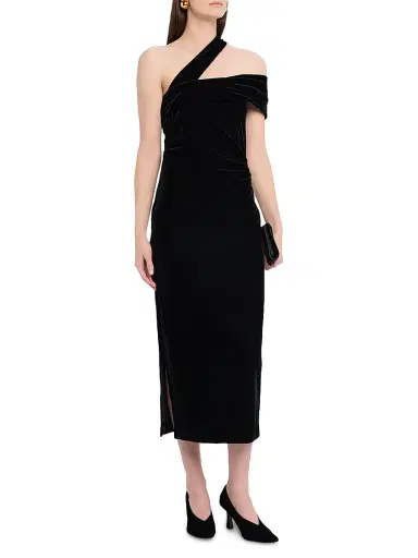 Reiss Women's Dalia Velvet Asymmetric Midi-Dress - Black | Thumbnail 3 Reiss Women's Dalia Velvet Asymmetric Midi-Dress - Black | Thumbnail 3