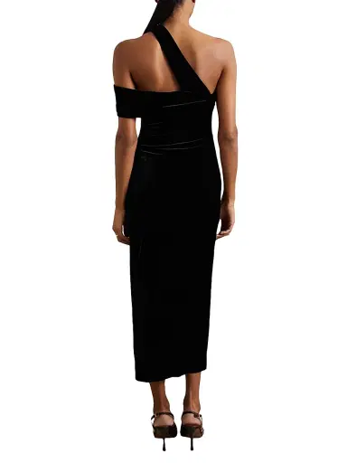 Reiss Women's Dalia Velvet Asymmetric Midi-Dress - Black | Thumbnail 4 Reiss Women's Dalia Velvet Asymmetric Midi-Dress - Black | Thumbnail 4