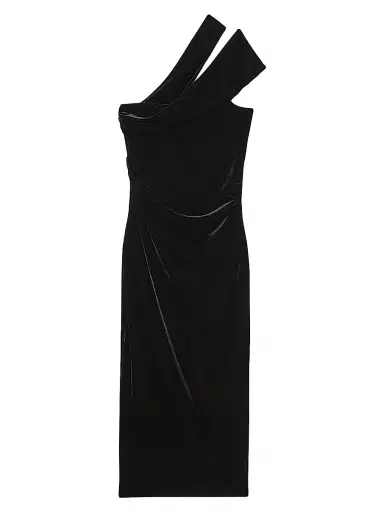Reiss Women's Dalia Velvet Asymmetric Midi-Dress - Black | Thumbnail 1 Reiss Women's Dalia Velvet Asymmetric Midi-Dress - Black | Thumbnail 1