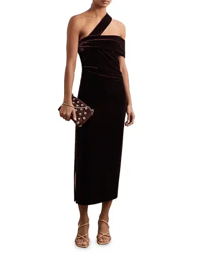 Reiss Women's Dalia Asymmetric-Neck Velvet Midi-Dress - Burgundy | Thumbnail 3 Reiss Women's Dalia Asymmetric-Neck Velvet Midi-Dress - Burgundy | Thumbnail 3