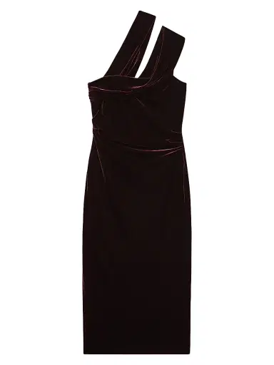 Reiss Women's Dalia Asymmetric-Neck Velvet Midi-Dress - Burgundy | Thumbnail 1 Reiss Women's Dalia Asymmetric-Neck Velvet Midi-Dress - Burgundy | Thumbnail 1
