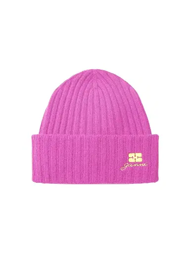 Ganni Women's Future Logo-Embroidered Wool Beanie - Aurora Pink | Thumbnail 1 Ganni Women's Future Logo-Embroidered Wool Beanie - Aurora Pink | Thumbnail 1