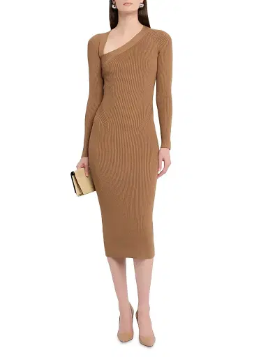 Reiss Women's Zeta Asymmetric Rib-Knit Midi-Dress - Camel | Thumbnail 2 Reiss Women's Zeta Asymmetric Rib-Knit Midi-Dress - Camel | Thumbnail 2