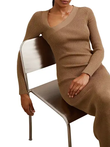 Reiss Women's Zeta Asymmetric Rib-Knit Midi-Dress - Camel | Thumbnail 3 Reiss Women's Zeta Asymmetric Rib-Knit Midi-Dress - Camel | Thumbnail 3