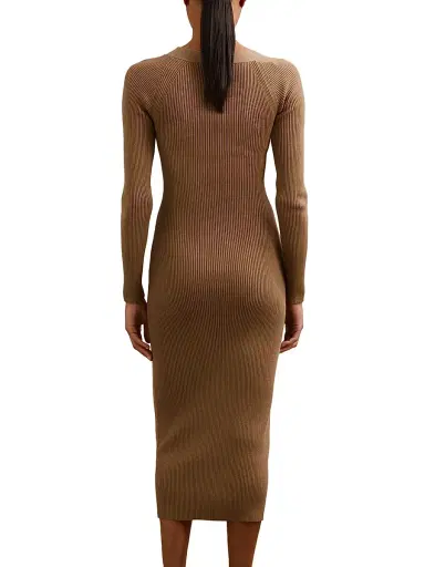 Reiss Women's Zeta Asymmetric Rib-Knit Midi-Dress - Camel | Thumbnail 4 Reiss Women's Zeta Asymmetric Rib-Knit Midi-Dress - Camel | Thumbnail 4