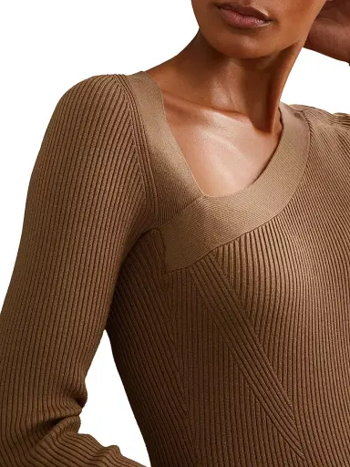 Reiss Women's Zeta Asymmetric Rib-Knit Midi-Dress - Camel | Thumbnail 5 Reiss Women's Zeta Asymmetric Rib-Knit Midi-Dress - Camel | Thumbnail 5