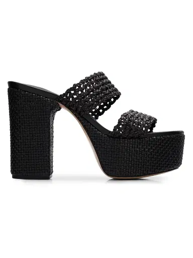 Schutz Women's Aberdeen 100MM Leather & Raffia Platform Sandals - Black | Thumbnail 1 Schutz Women's Aberdeen 100MM Leather & Raffia Platform Sandals - Black | Thumbnail 1