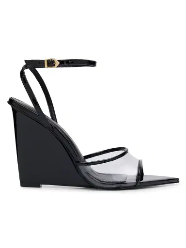Schutz Women's Elodie Vinyl 1MM Patent Leather Wedge-Heel Sandals - Transparent Black | Thumbnail 1 Schutz Women's Elodie Vinyl 1MM Patent Leather Wedge-Heel Sandals - Transparent Black | Thumbnail 1