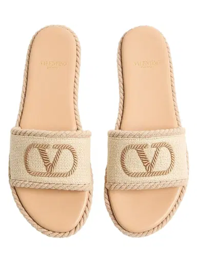 Valentino Garavani Women's VLogo Torchon Slide Sandals in Linen Canvas - Ecru - Size 5 | Thumbnail 4 Valentino Garavani Women's VLogo Torchon Slide Sandals in Linen Canvas - Ecru - Size 5 | Thumbnail 4