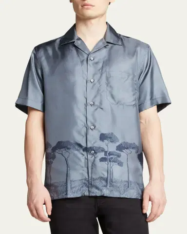 Brioni Men's Roman Tree-Print Silk Camp Shirt | Thumbnail 4 Brioni Men's Roman Tree-Print Silk Camp Shirt | Thumbnail 4