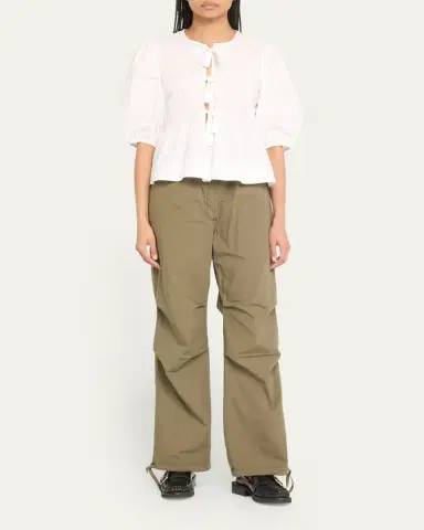 Ganni Poplin Front-Tie Peplum Blouse with Puffed-Sleeves | Thumbnail 2 Ganni Poplin Front-Tie Peplum Blouse with Puffed-Sleeves | Thumbnail 2