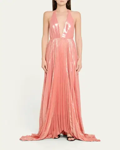 ALICE + OLIVIA Adalyn Pleated Metallic Halter Maxi Dress | Thumbnail 2 ALICE + OLIVIA Adalyn Pleated Metallic Halter Maxi Dress | Thumbnail 2