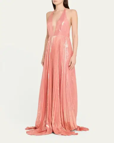 ALICE + OLIVIA Adalyn Pleated Metallic Halter Maxi Dress | Thumbnail 4 ALICE + OLIVIA Adalyn Pleated Metallic Halter Maxi Dress | Thumbnail 4