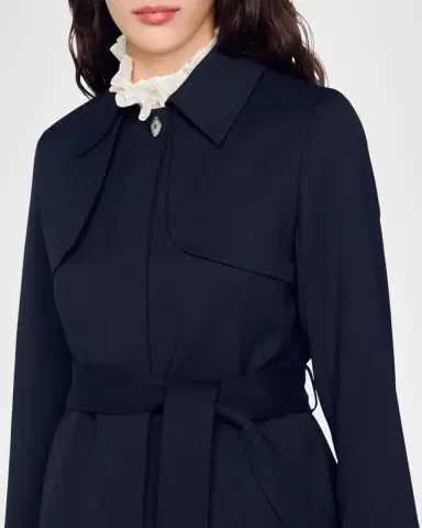 Sandro Navy Pleated-Back Belted Trench Coat | Thumbnail 3 Sandro Navy Pleated-Back Belted Trench Coat | Thumbnail 3