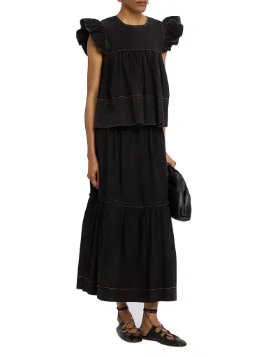 Ganni Women's Denim Flutter-Sleeve Babydoll Top - Black | Thumbnail 2 Ganni Women's Denim Flutter-Sleeve Babydoll Top - Black | Thumbnail 2