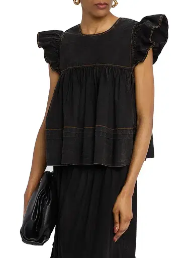 Ganni Women's Denim Flutter-Sleeve Babydoll Top - Black | Thumbnail 3 Ganni Women's Denim Flutter-Sleeve Babydoll Top - Black | Thumbnail 3