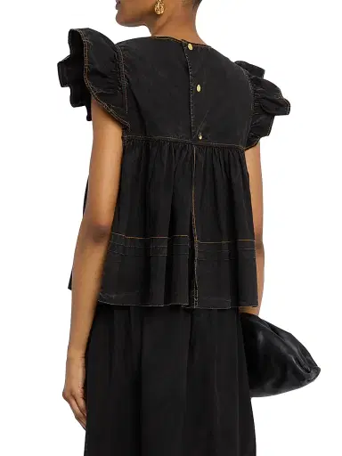 Ganni Women's Denim Flutter-Sleeve Babydoll Top - Black | Thumbnail 4 Ganni Women's Denim Flutter-Sleeve Babydoll Top - Black | Thumbnail 4